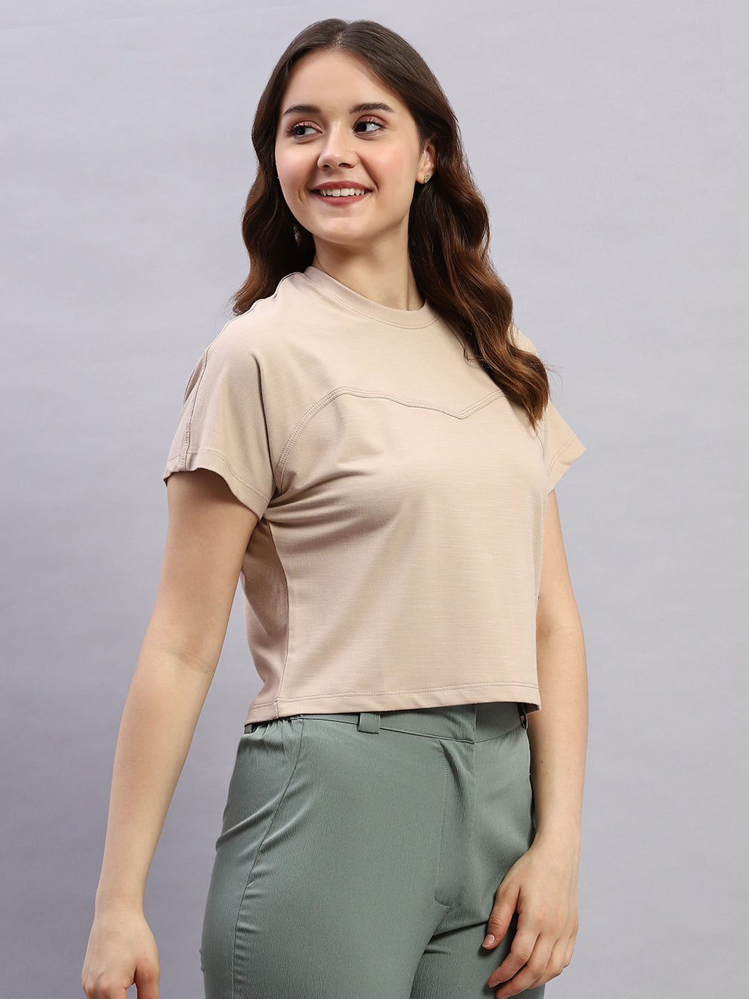 Women Beige Solid Round Neck Half Sleeve Top