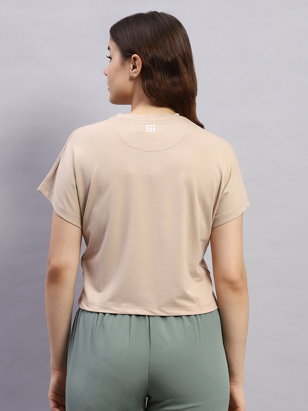 Women Beige Solid Round Neck Half Sleeve Top