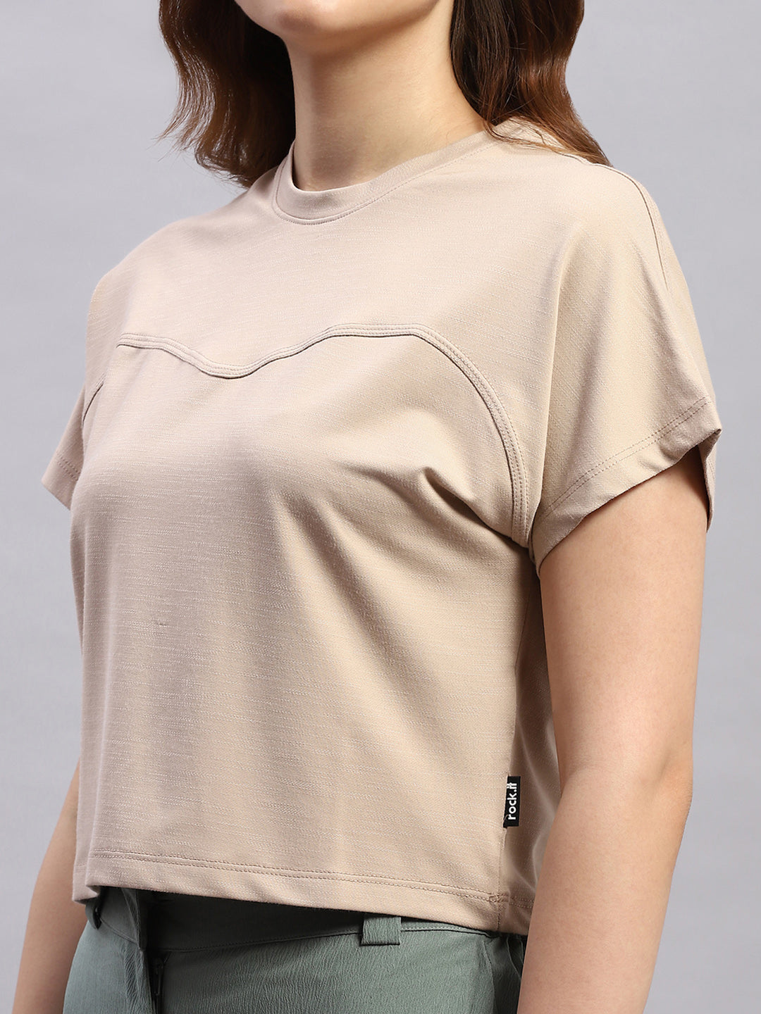 Women Beige Solid Round Neck Half Sleeve Top