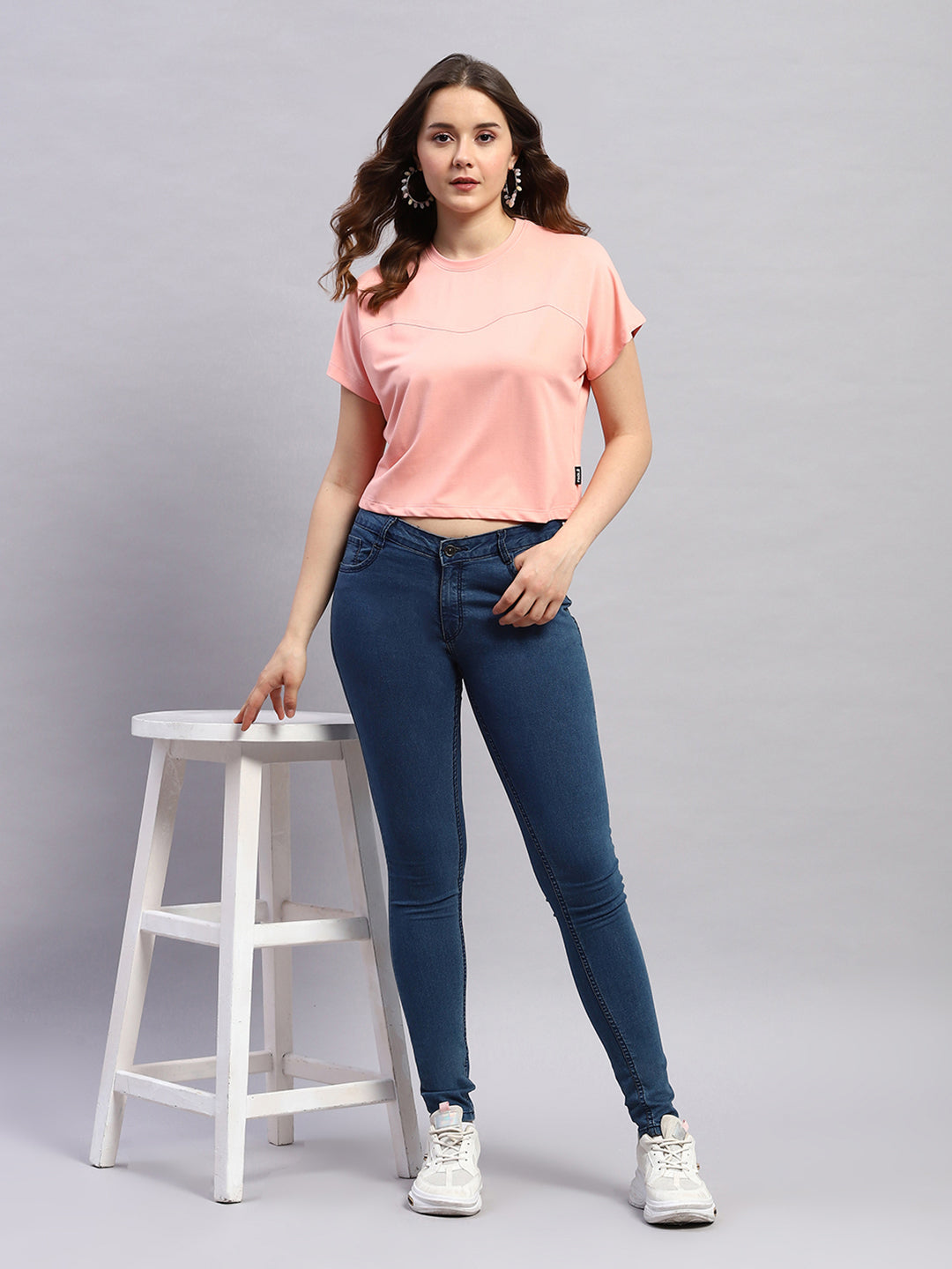 Women Pink Solid Round Neck Half Sleeve Top