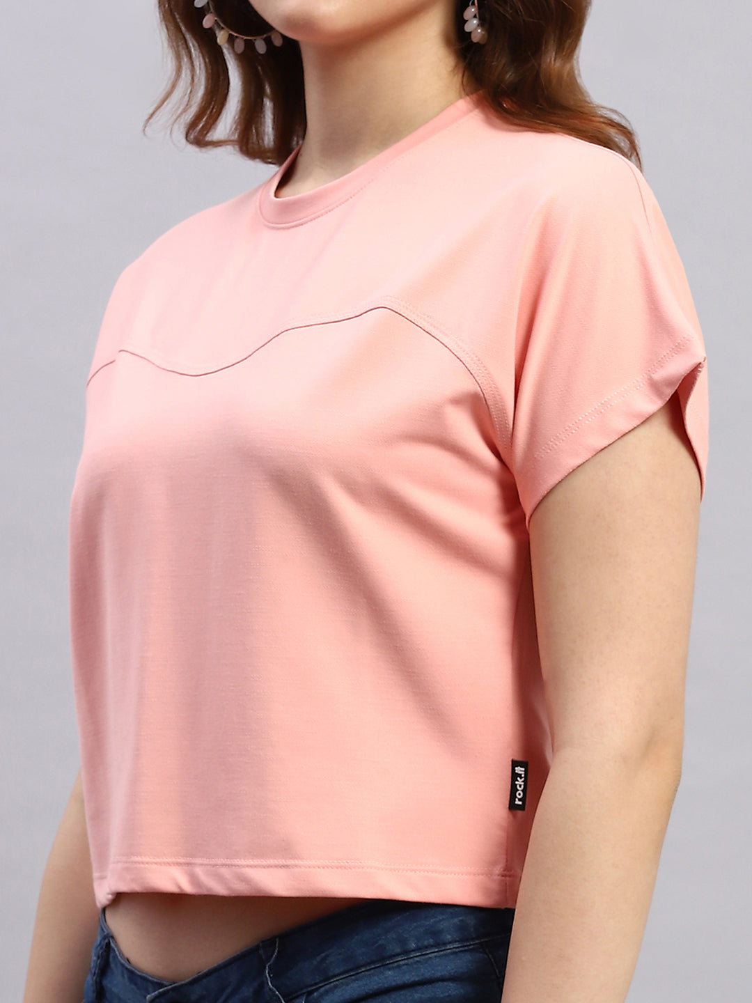 Women Pink Solid Round Neck Half Sleeve Top