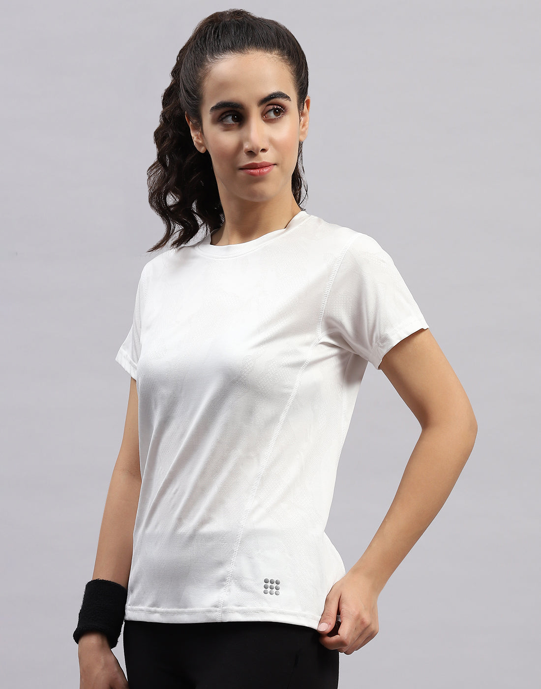 Women White Self Design Round Neck Half Sleeve Top