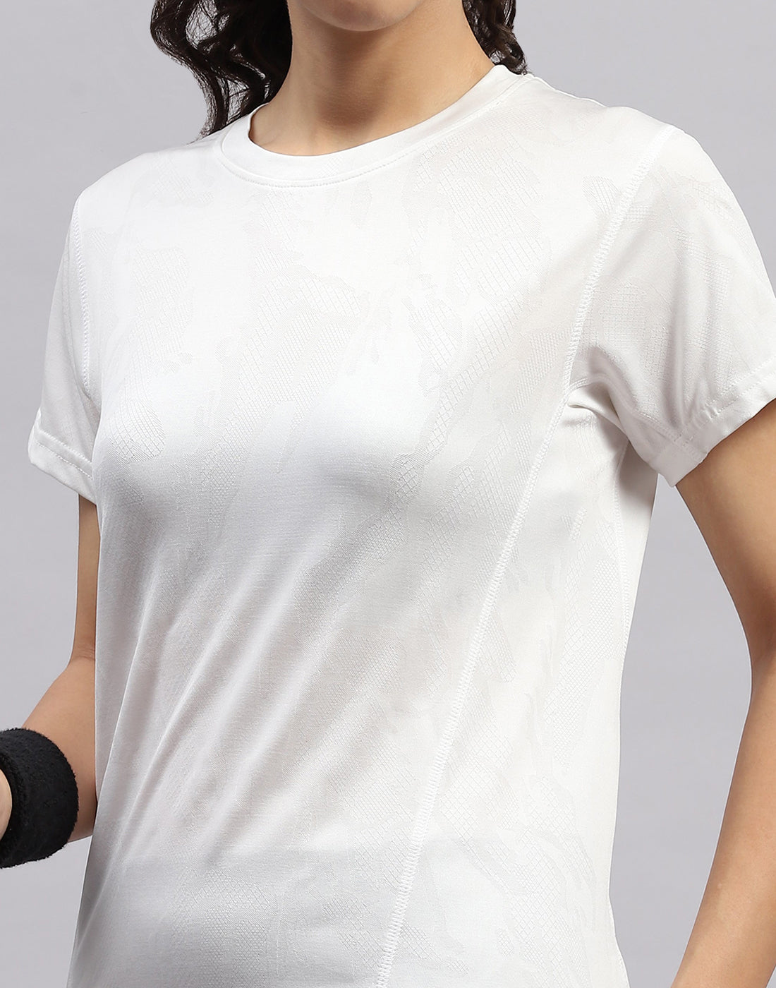 Women White Self Design Round Neck Half Sleeve Top