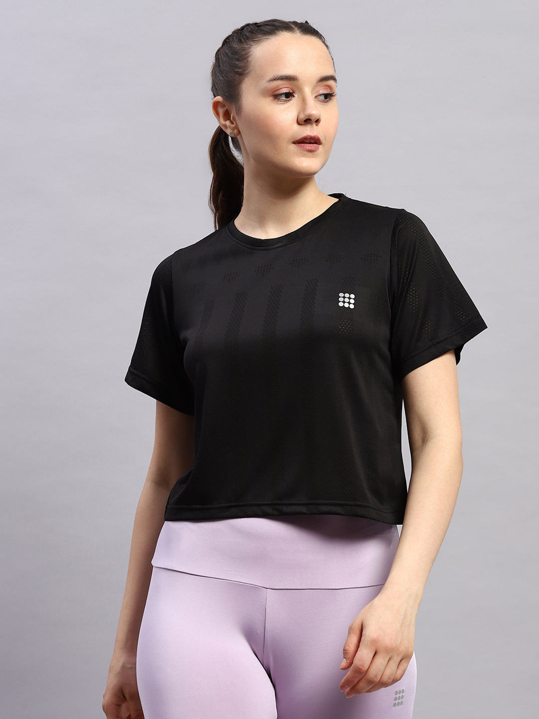 Women Black Self Design Round Neck Half Sleeve Top