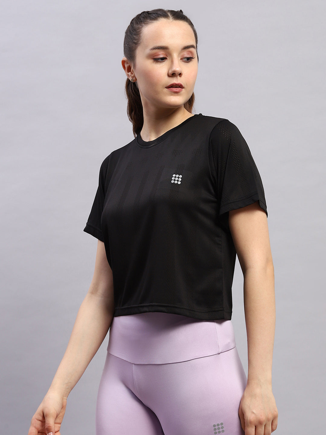 Women Black Self Design Round Neck Half Sleeve Top