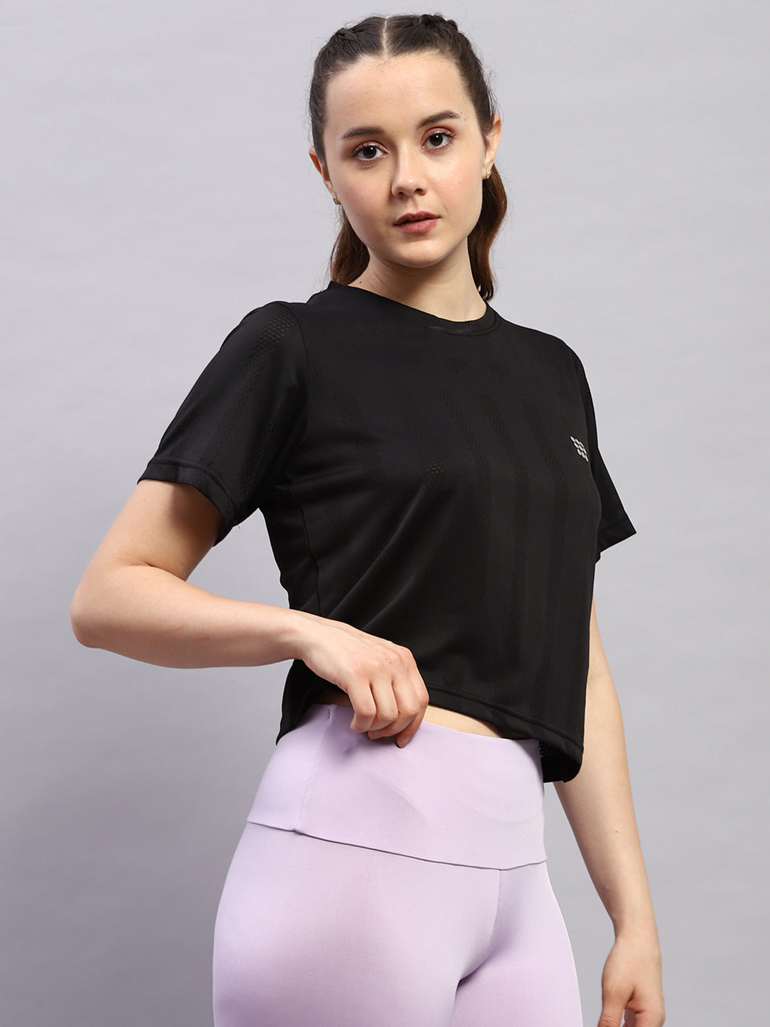 Women Black Self Design Round Neck Half Sleeve Top