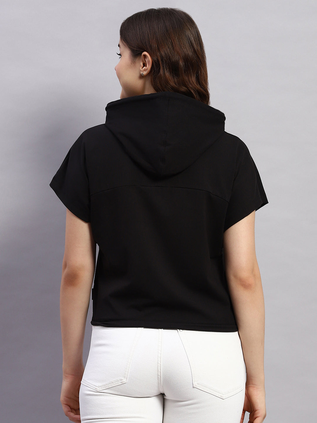 Women Black Self Design Hooded Half Sleeve Top