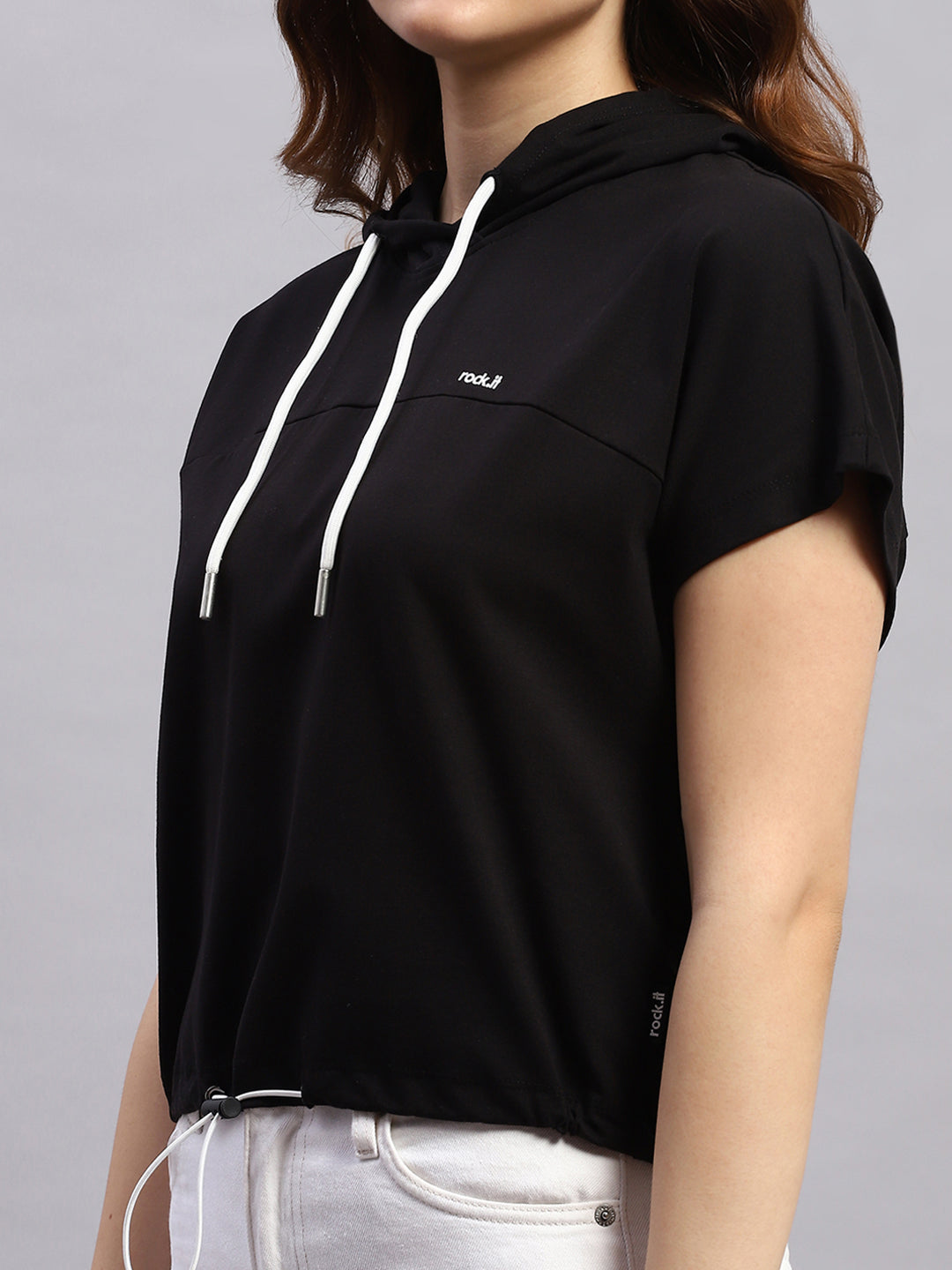 Women Black Self Design Hooded Half Sleeve Top