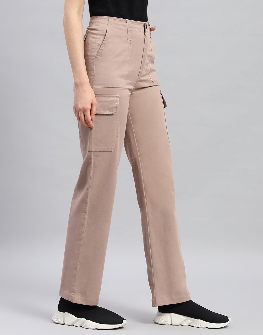 Women Khaki Solid Straight Fit Trouser