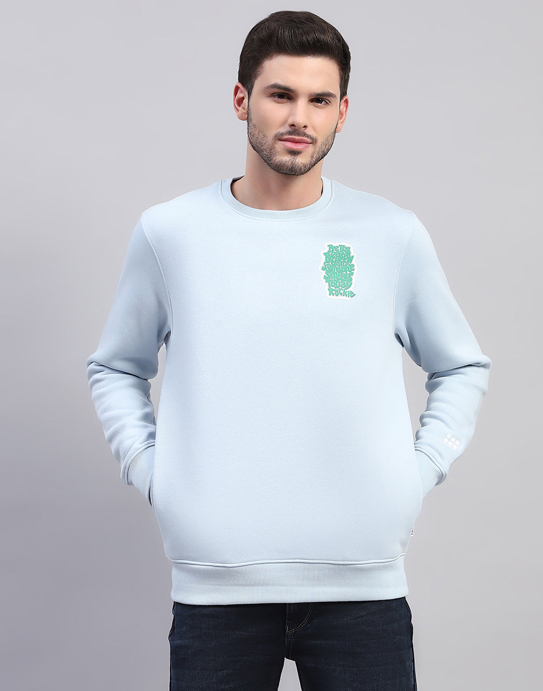 Men Sky Blue Printed Round Neck Full Sleeve Sweatshirt