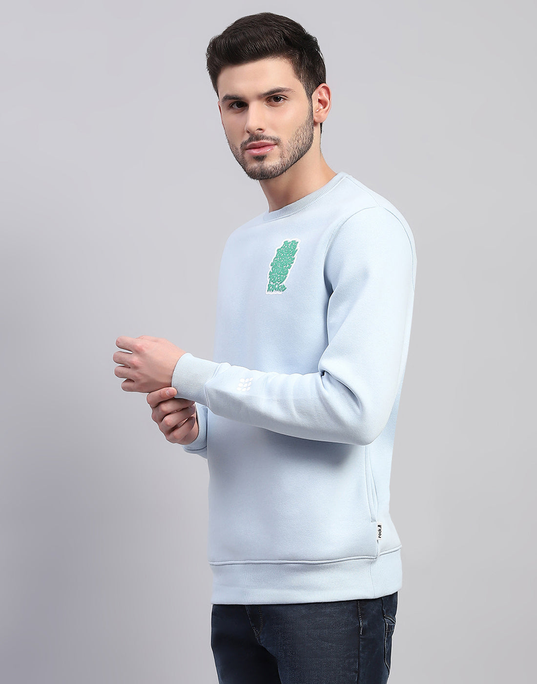 Men Sky Blue Printed Round Neck Full Sleeve Sweatshirt