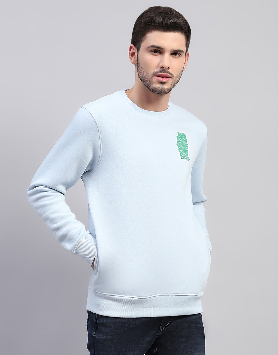 Men Sky Blue Printed Round Neck Full Sleeve Sweatshirt