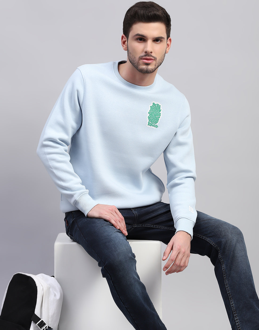 Men Sky Blue Printed Round Neck Full Sleeve Sweatshirt