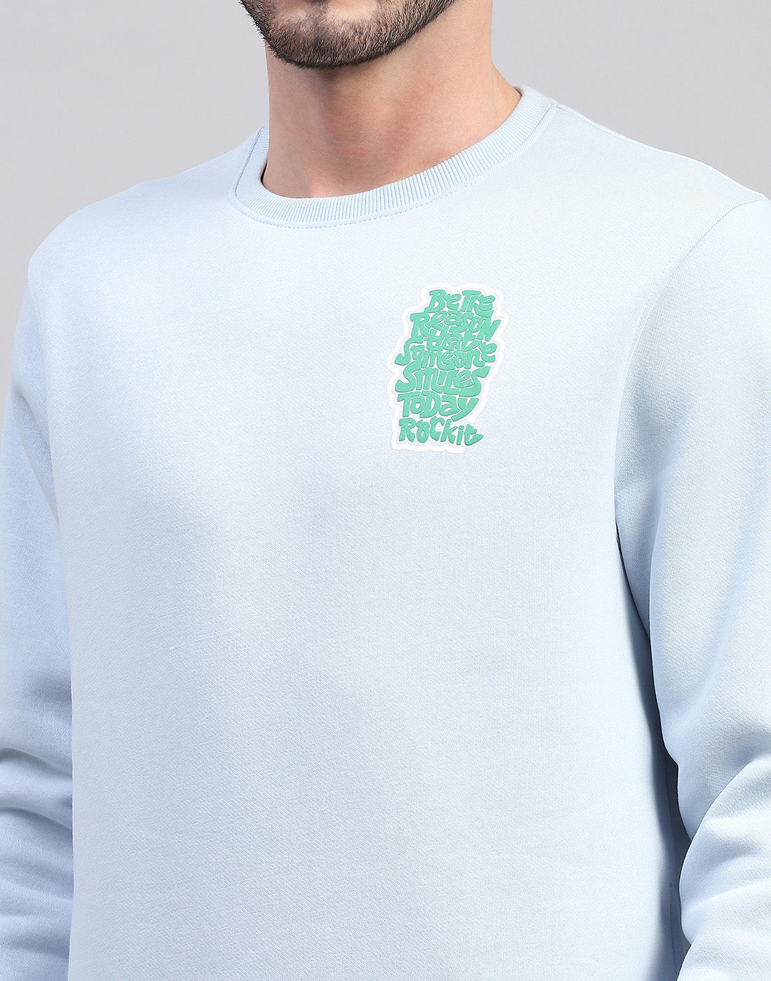 Men Sky Blue Printed Round Neck Full Sleeve Sweatshirt