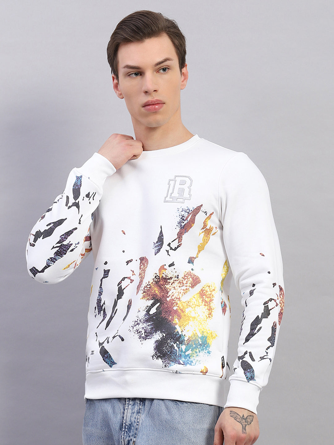 Men White Printed Round Neck Full Sleeve Sweatshirt