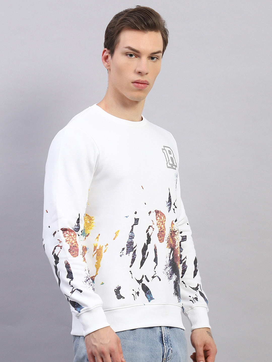 Men White Printed Round Neck Full Sleeve Sweatshirt