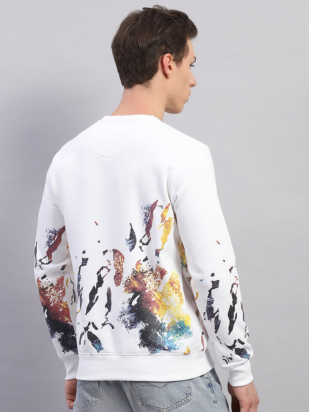 Men White Printed Round Neck Full Sleeve Sweatshirt