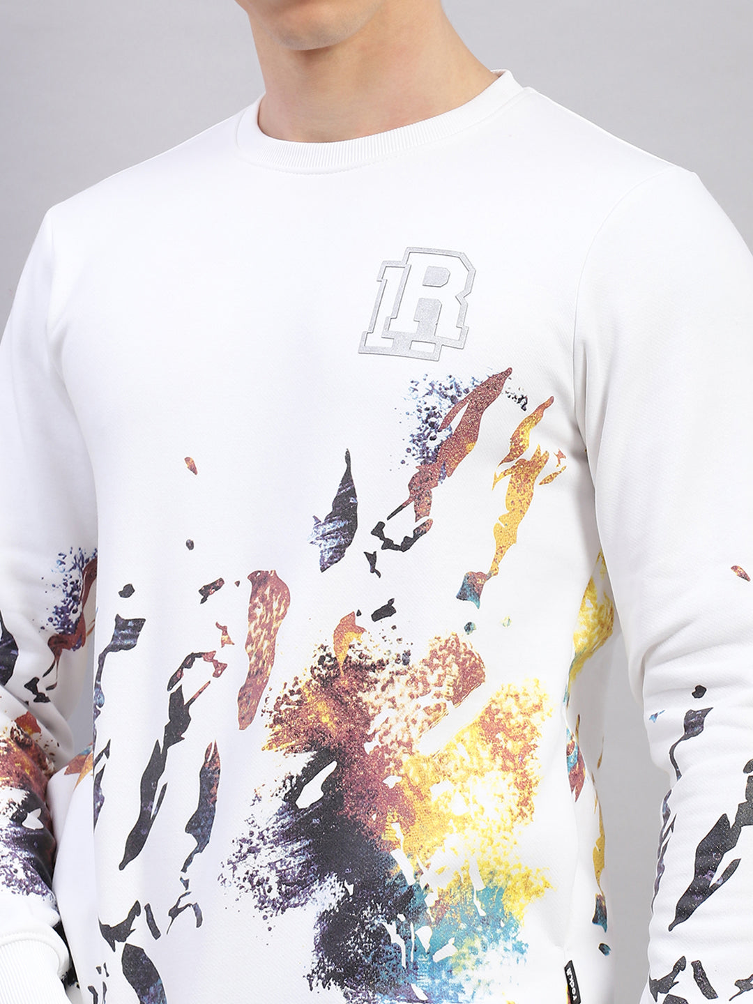 Men White Printed Round Neck Full Sleeve Sweatshirt