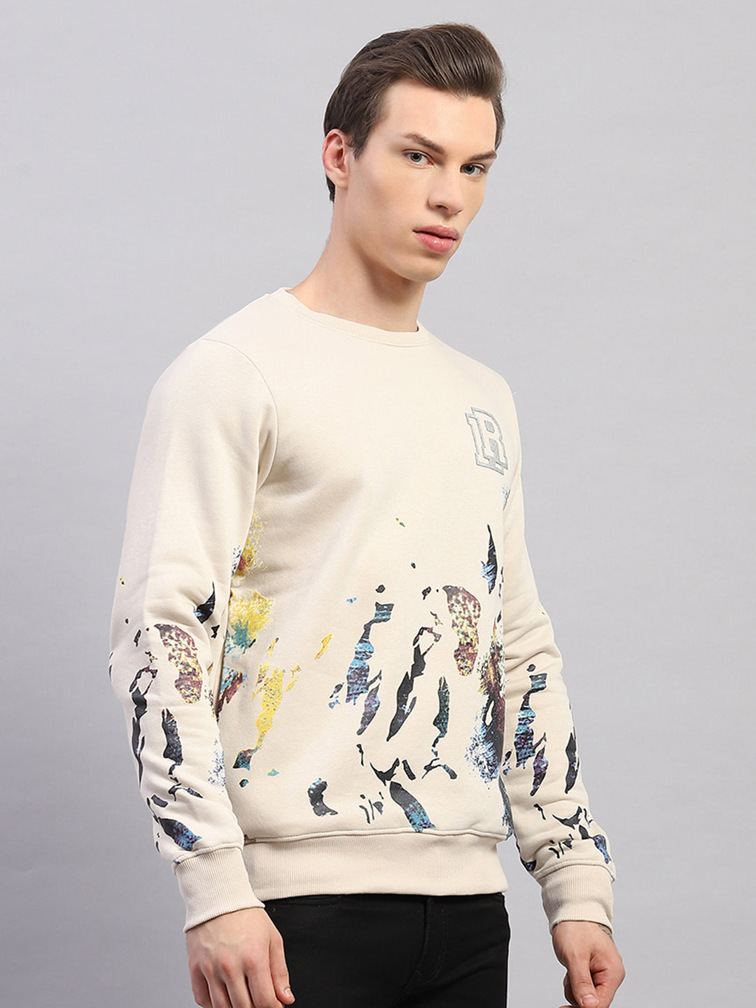 Men Beige Printed Round Neck Full Sleeve Sweatshirt