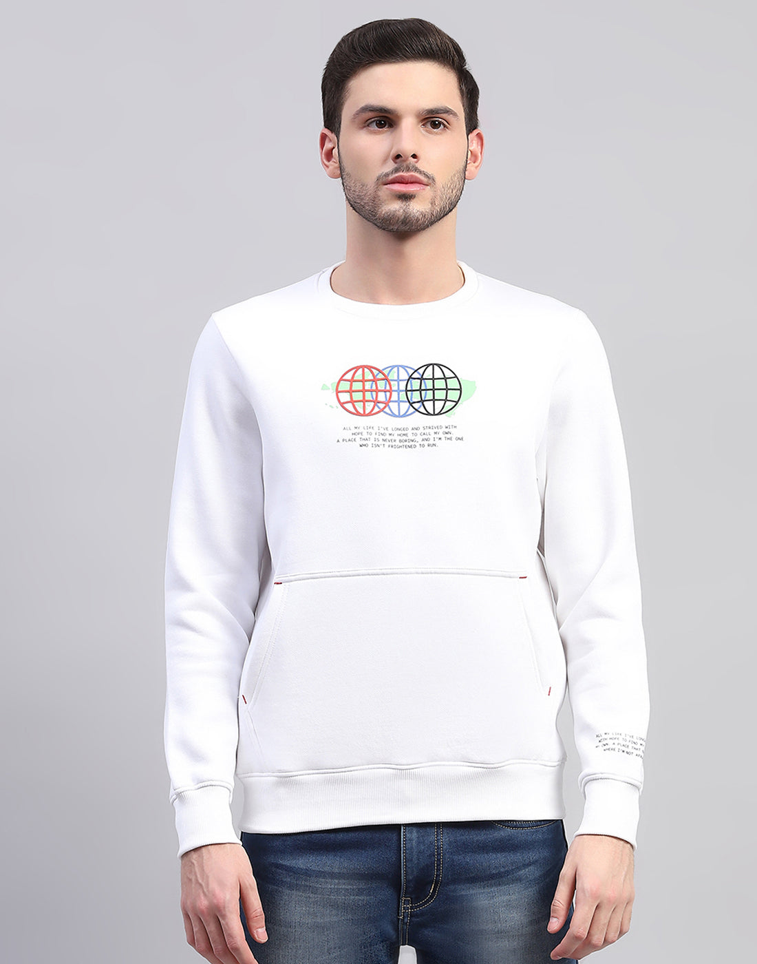 Men White Printed Round Neck Full Sleeve Sweatshirt