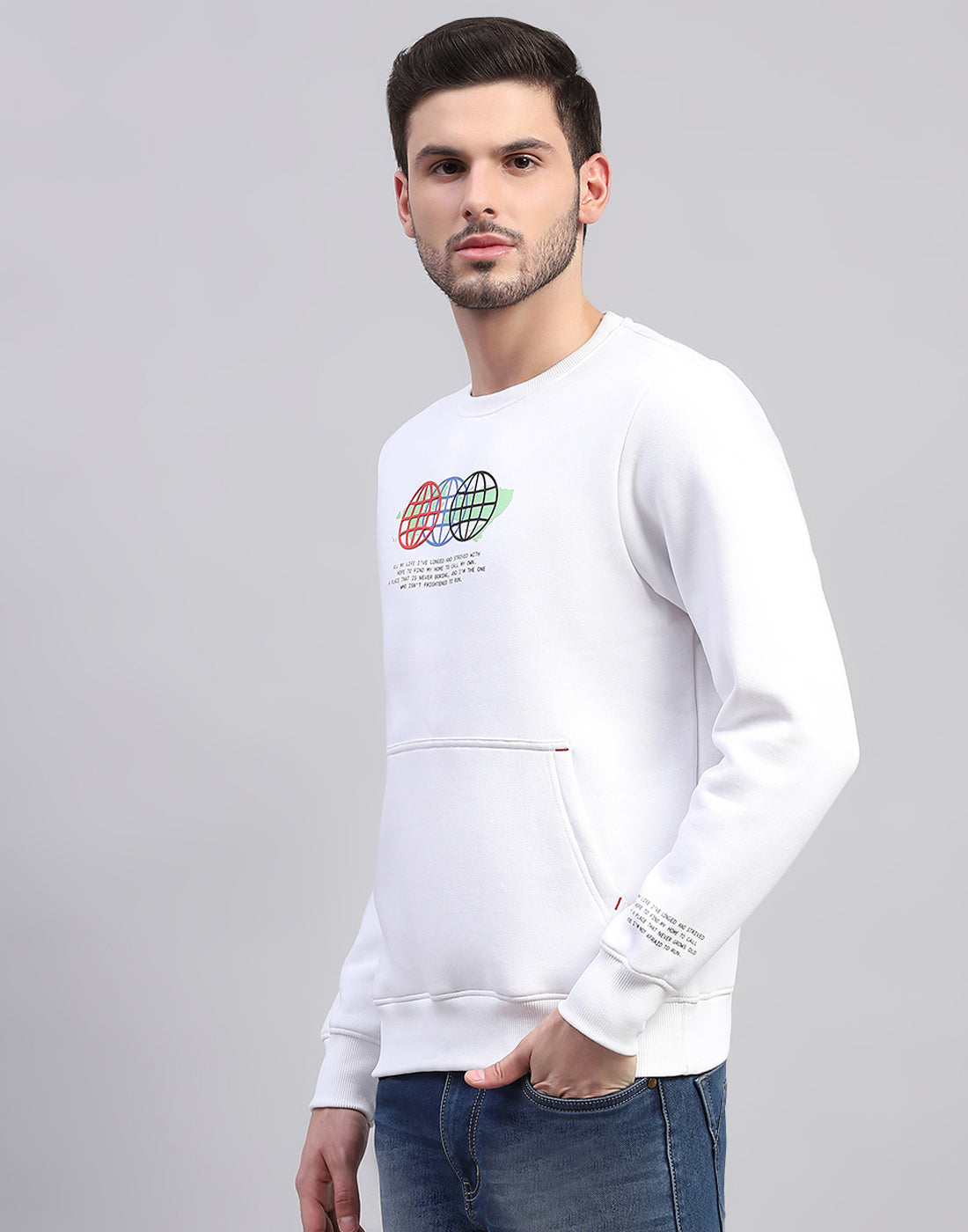 Men White Printed Round Neck Full Sleeve Sweatshirt