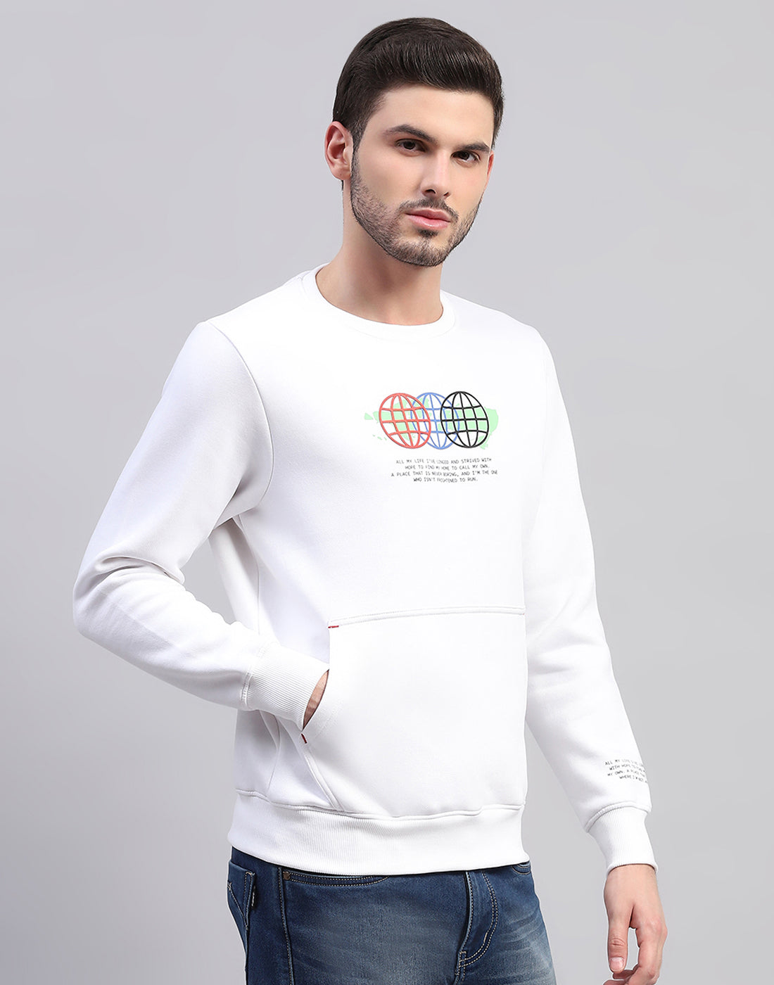 Men White Printed Round Neck Full Sleeve Sweatshirt