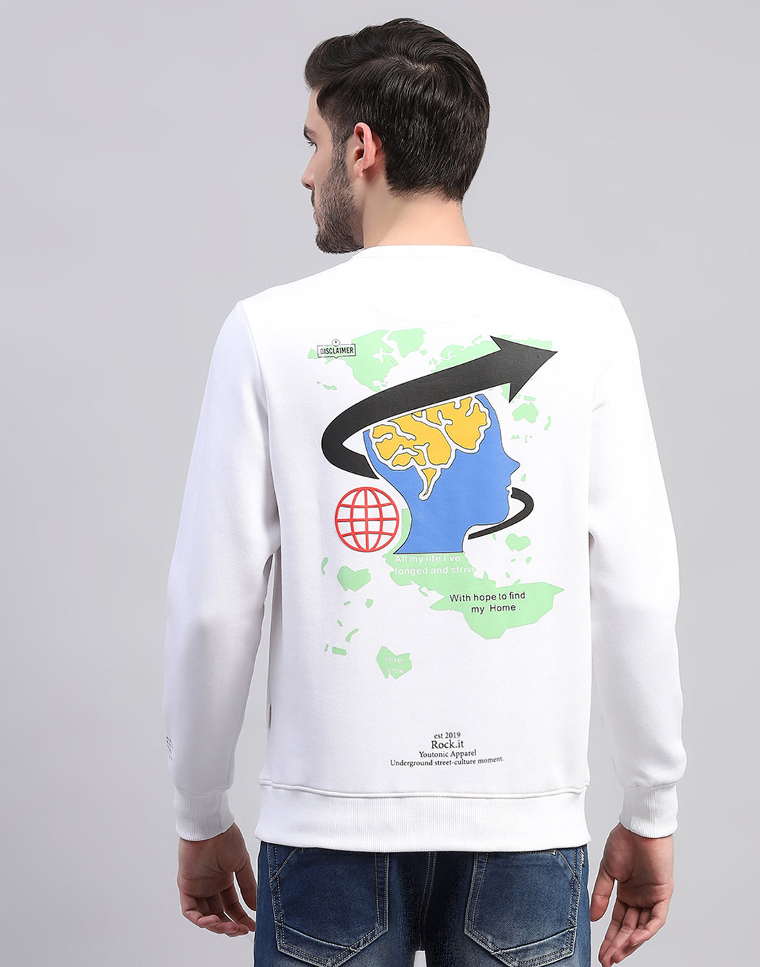 Men White Printed Round Neck Full Sleeve Sweatshirt