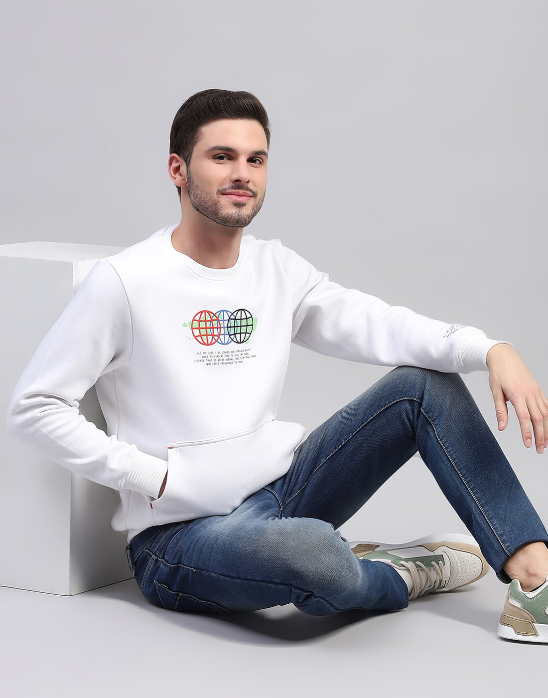 Men White Printed Round Neck Full Sleeve Sweatshirt