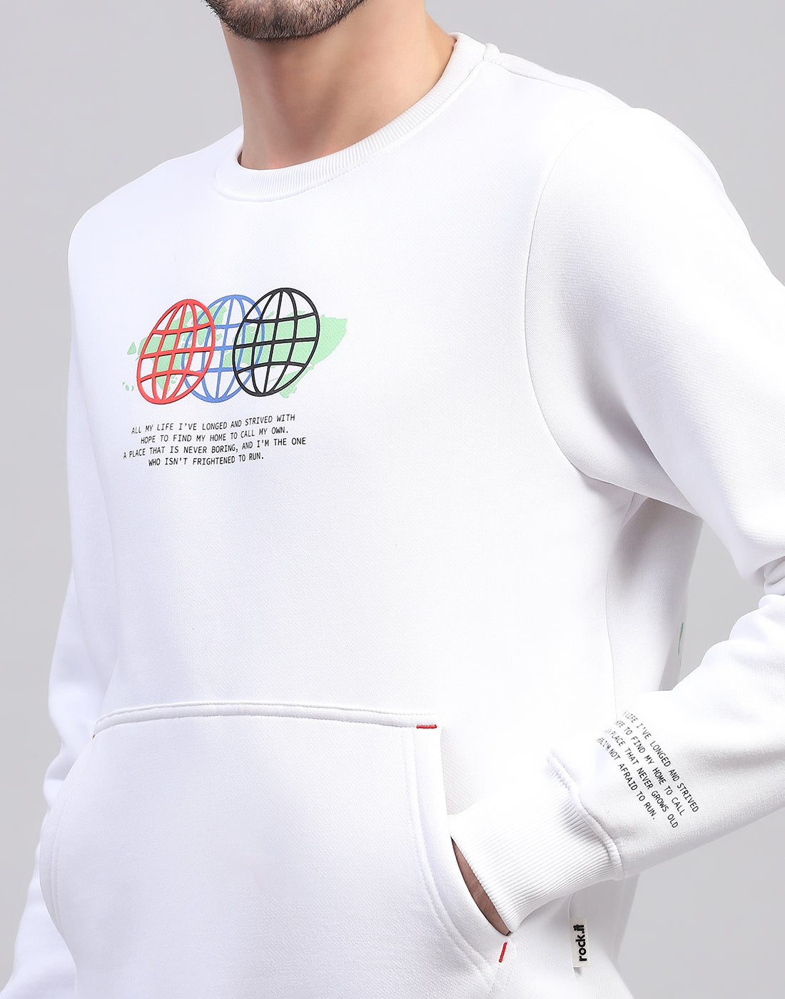 Men White Printed Round Neck Full Sleeve Sweatshirt