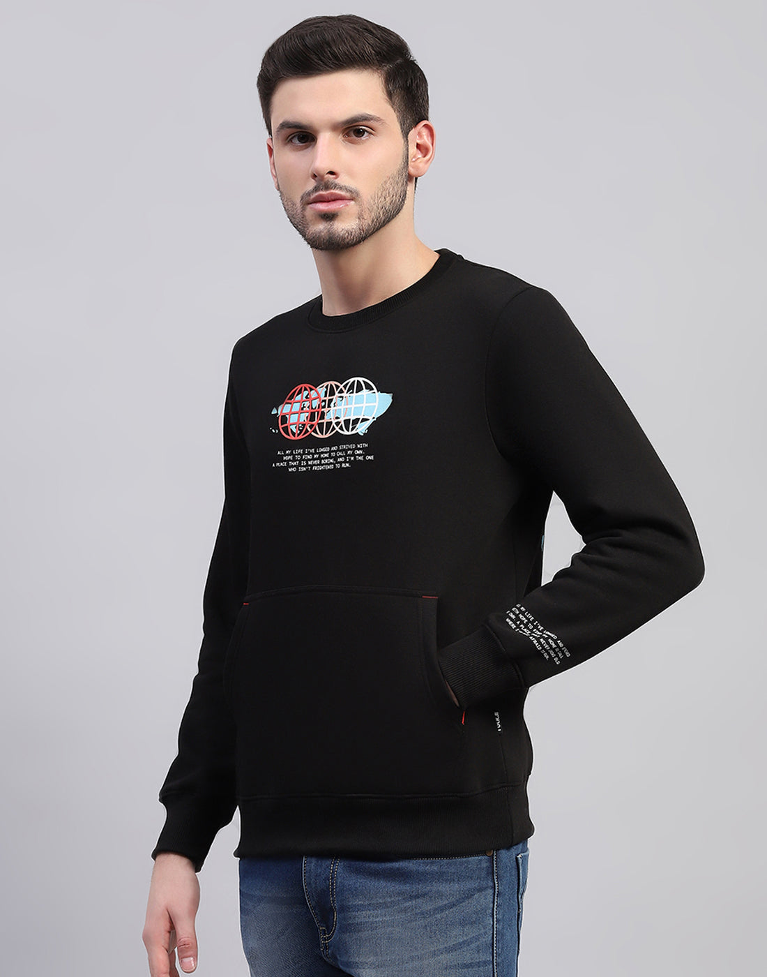 Men Black Printed Round Neck Full Sleeve Sweatshirt