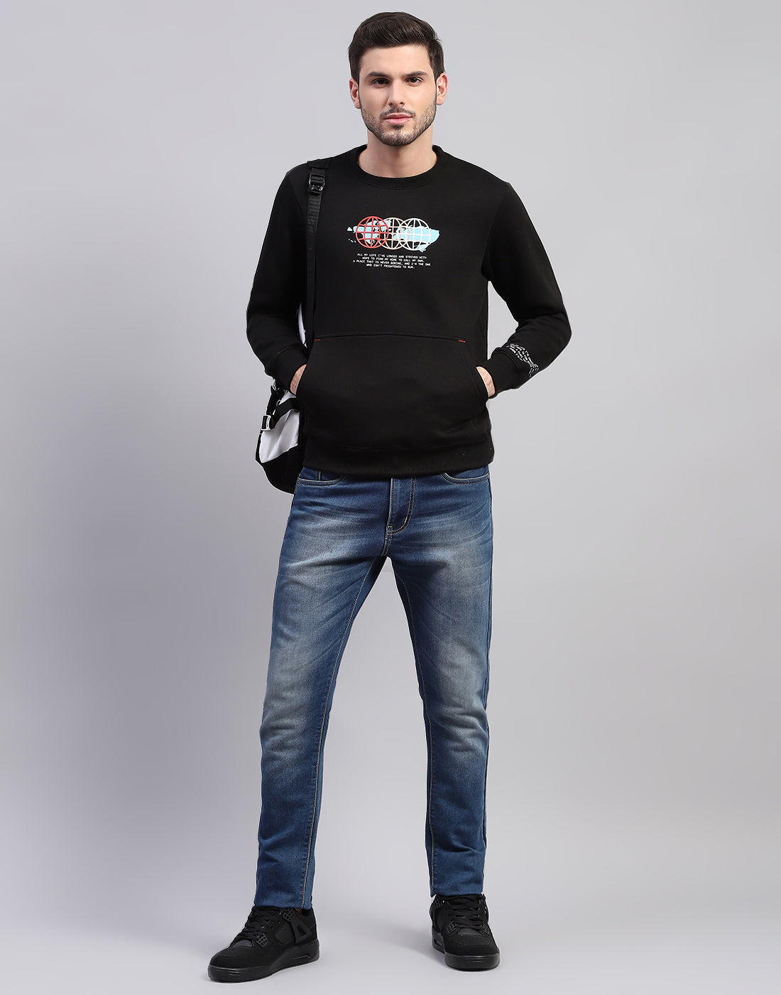 Men Black Printed Round Neck Full Sleeve Sweatshirt