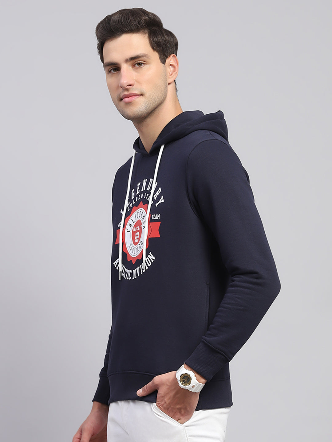 Men Navy Blue Printed Hooded Full Sleeve Sweatshirt