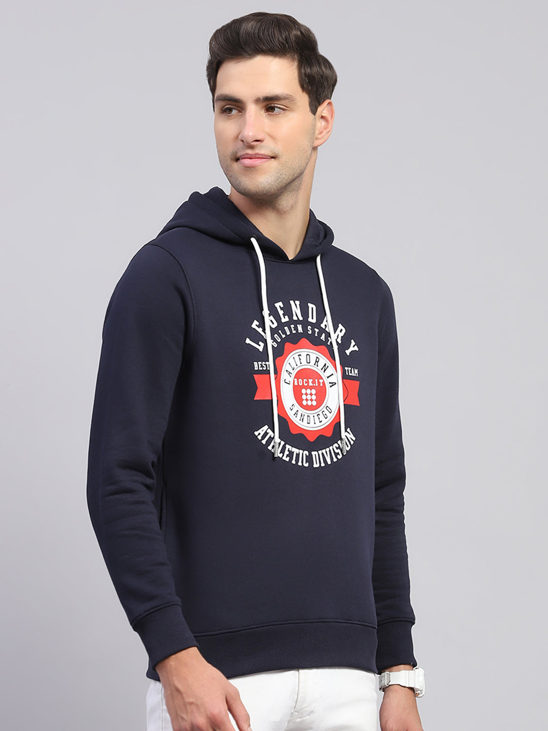 Men Navy Blue Printed Hooded Full Sleeve Sweatshirt