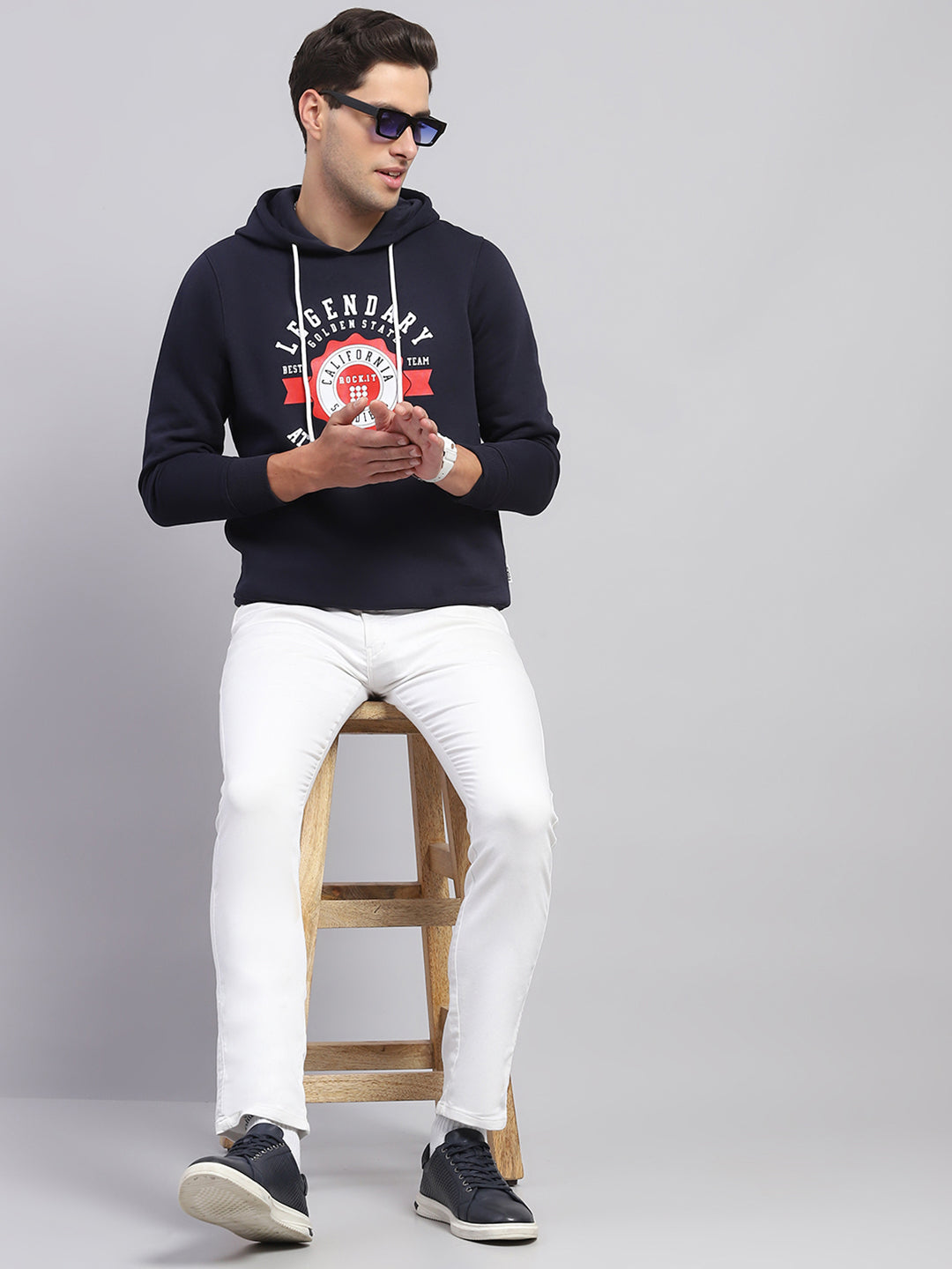 Men Navy Blue Printed Hooded Full Sleeve Sweatshirt