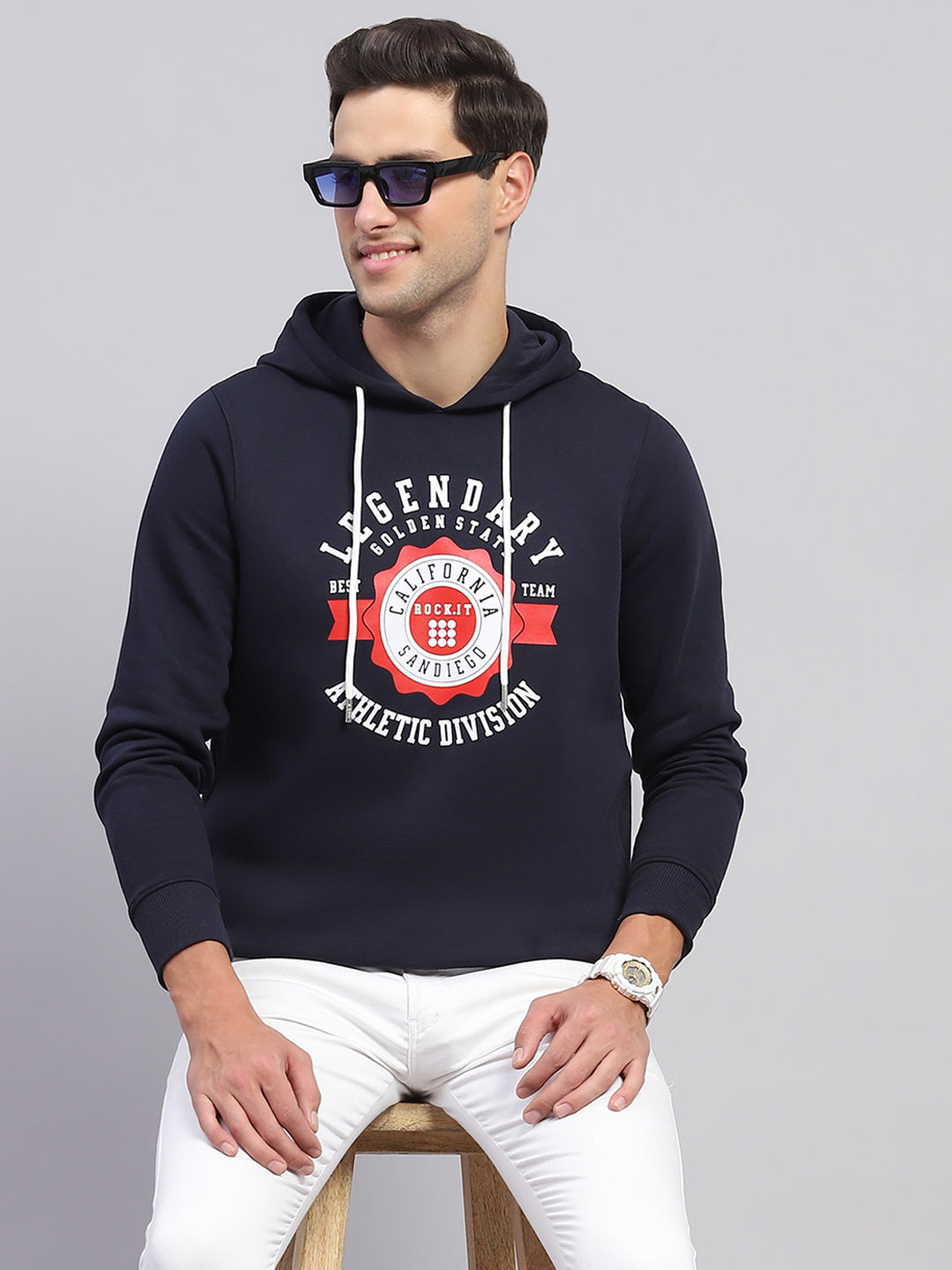 Men Navy Blue Printed Hooded Full Sleeve Sweatshirt