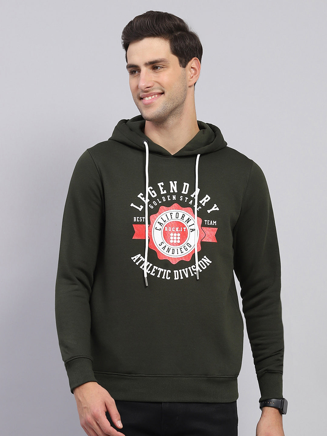 Men Olive Printed Hooded Full Sleeve Sweatshirt