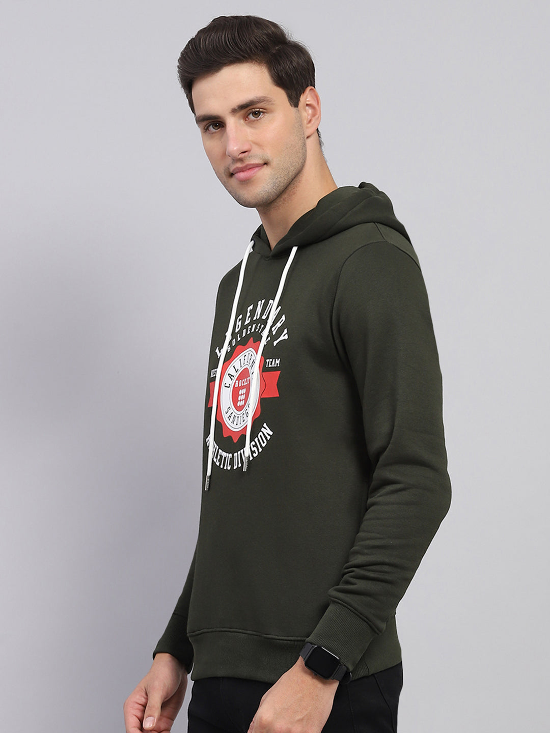 Men Olive Printed Hooded Full Sleeve Sweatshirt