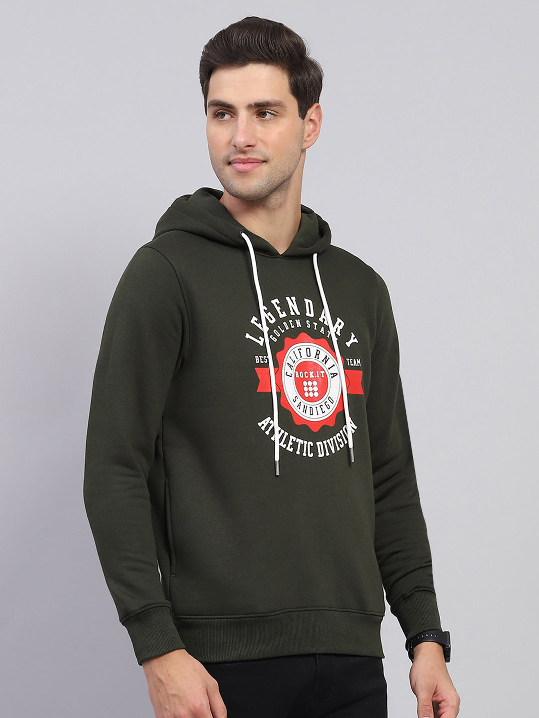 Men Olive Printed Hooded Full Sleeve Sweatshirt