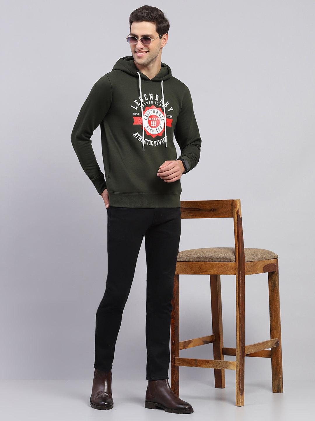 Men Olive Printed Hooded Full Sleeve Sweatshirt