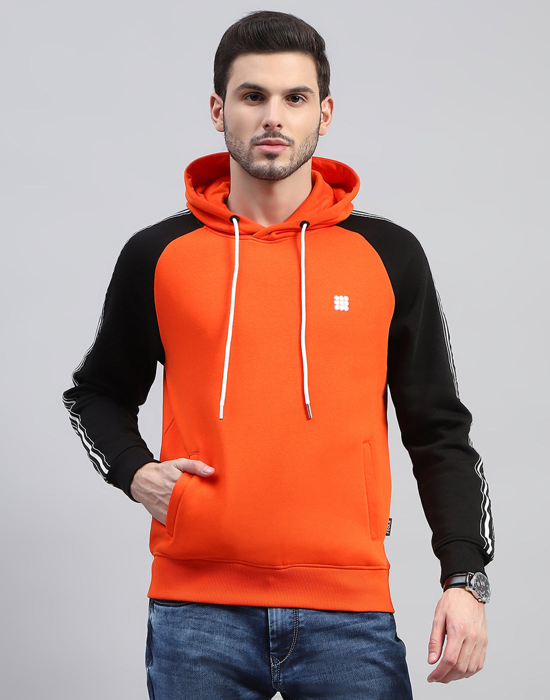 Men Orange Solid Hooded Full Sleeve Sweatshirt