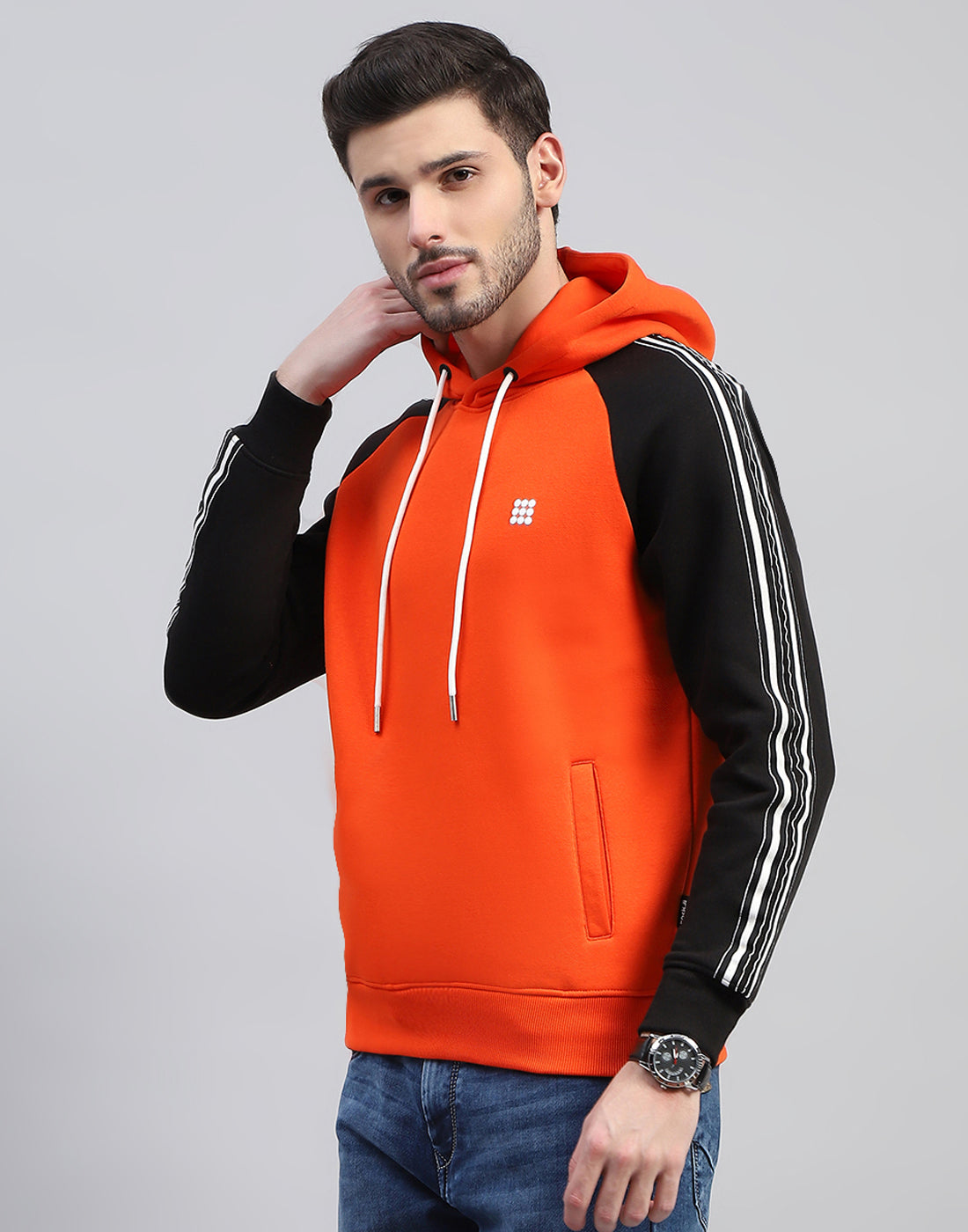 Men Orange Solid Hooded Full Sleeve Sweatshirt