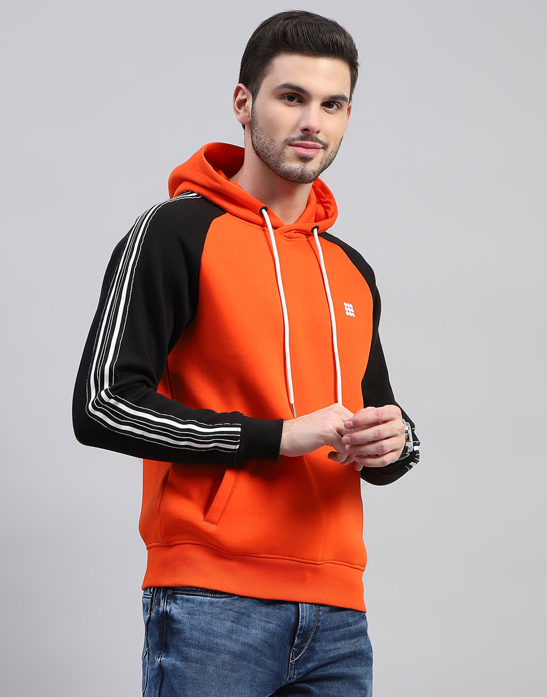 Men Orange Solid Hooded Full Sleeve Sweatshirt