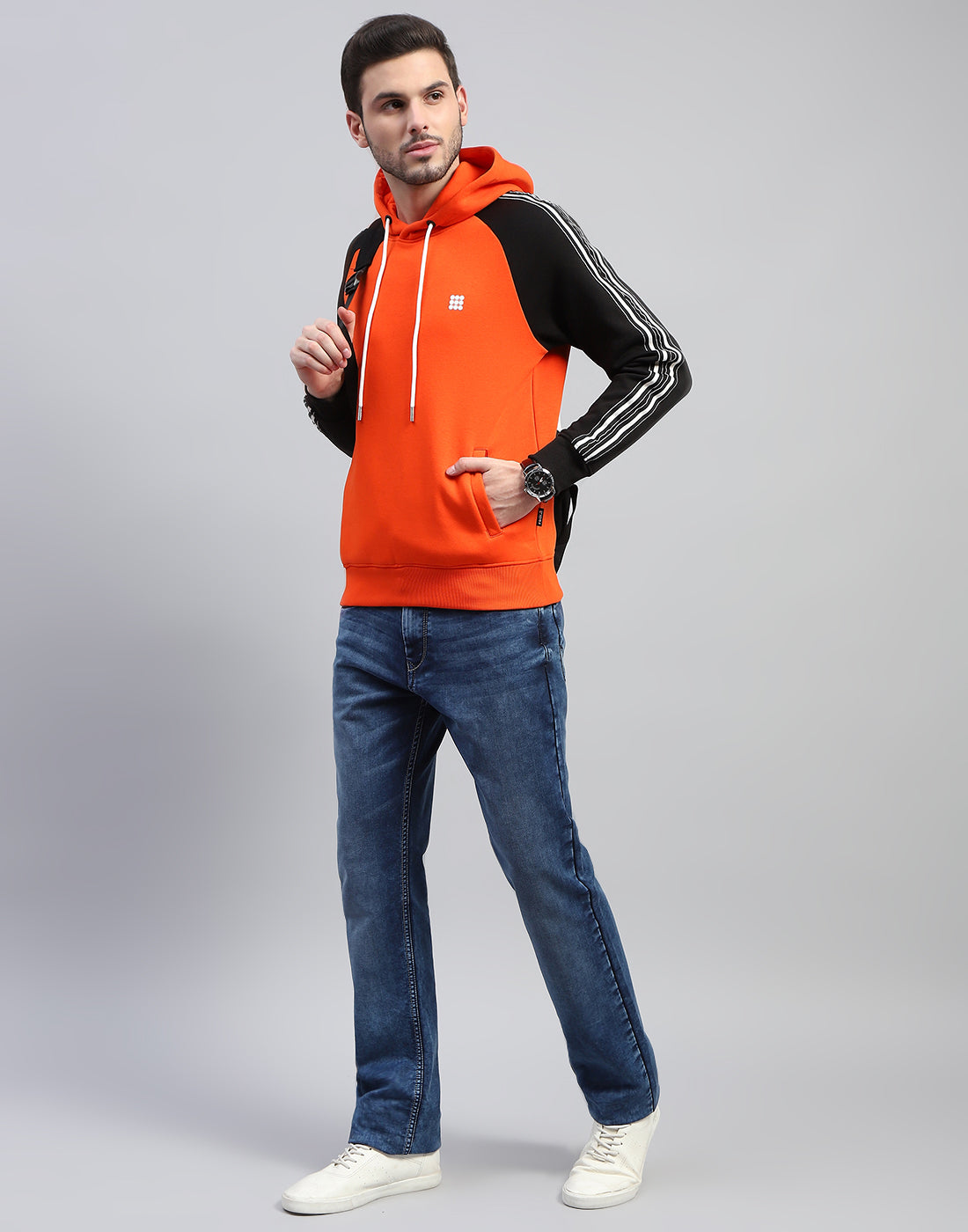 Men Orange Solid Hooded Full Sleeve Sweatshirt