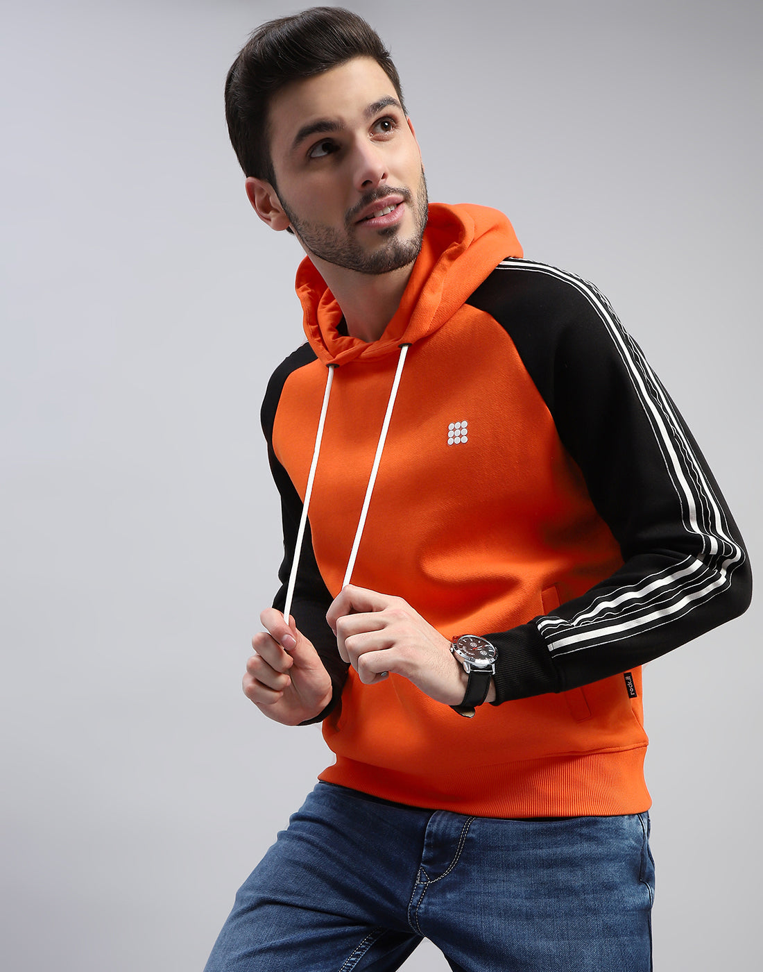 Men Orange Solid Hooded Full Sleeve Sweatshirt