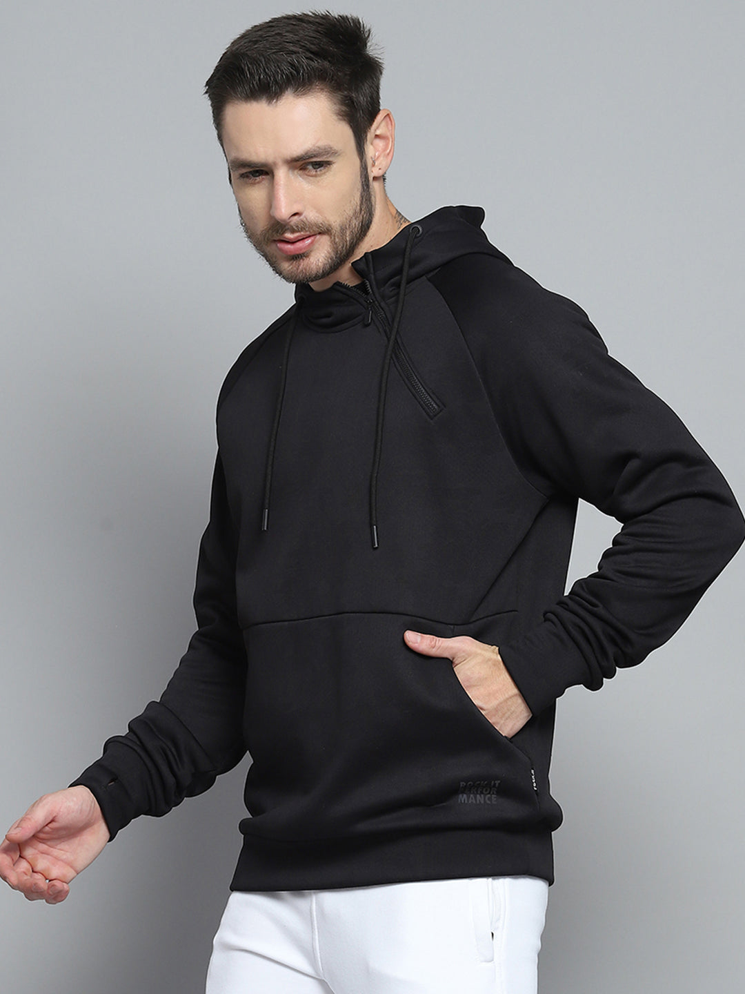 Men Black Solid Hooded Full Sleeve Sweatshirt