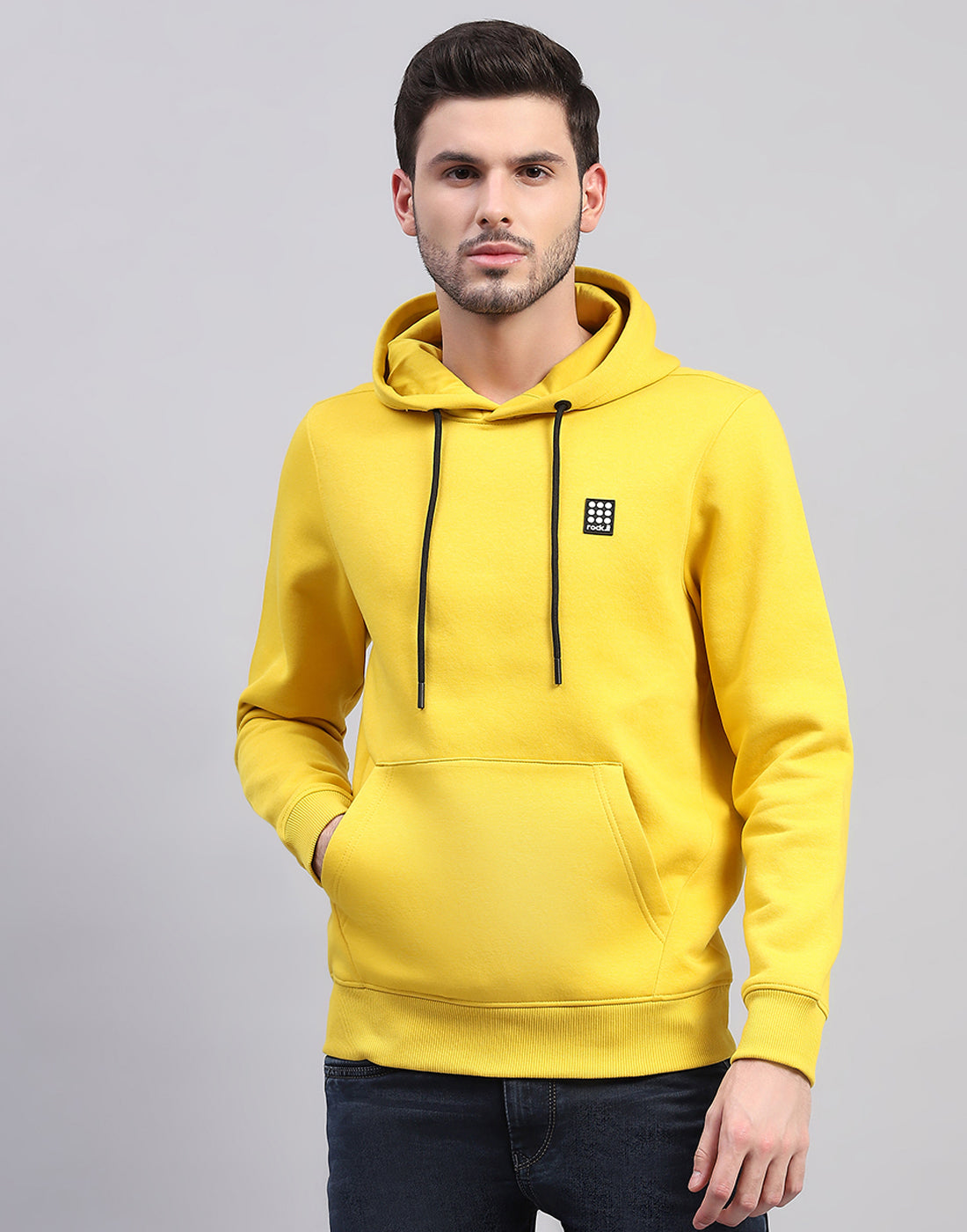 Men Yellow Solid Hooded Full Sleeve Sweatshirt