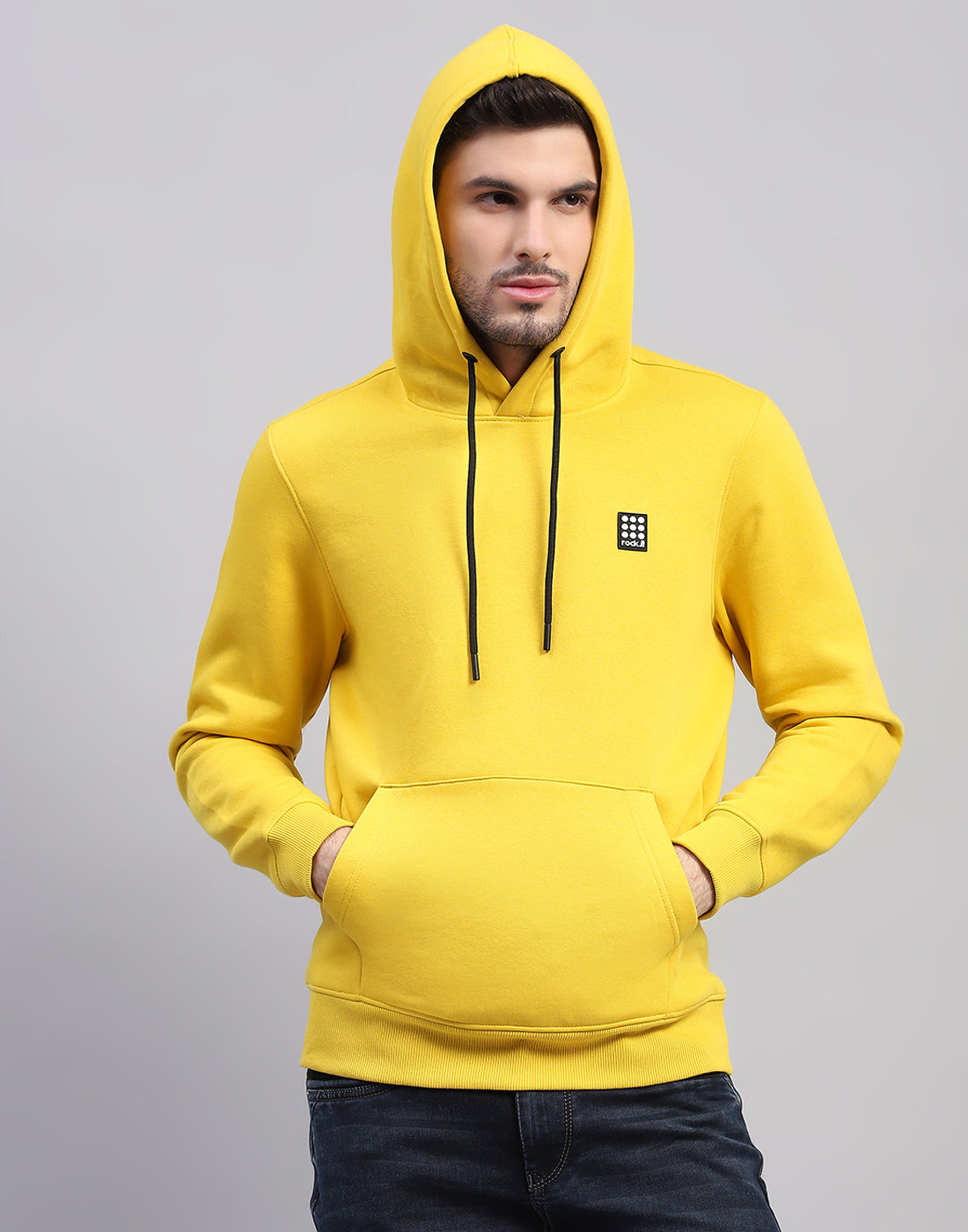 Men Yellow Solid Hooded Full Sleeve Sweatshirt