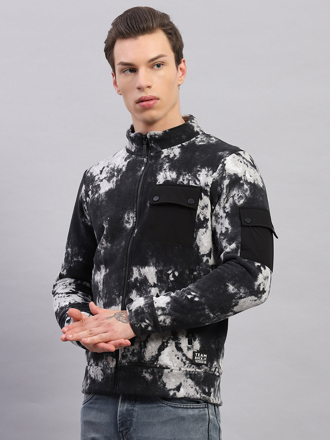 Men Black Printed Mock Neck Full Sleeve Sweatshirt