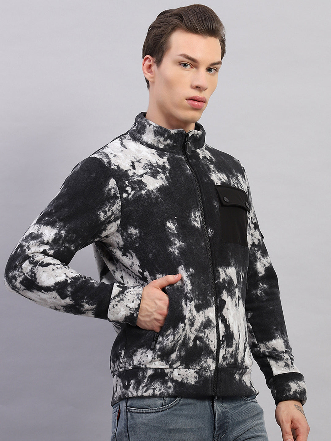 Men Black Printed Mock Neck Full Sleeve Sweatshirt