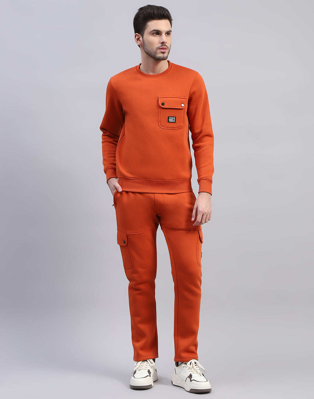 Men Orange Solid Round Neck Full Sleeve Tracksuit